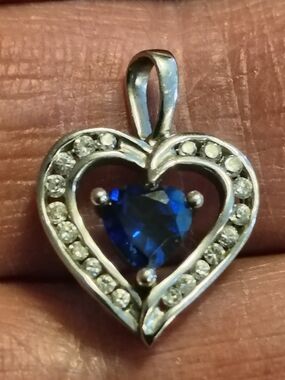 Vintage Sterling Silver Heart With Blue Sapphire Center And Cz Halo Accents